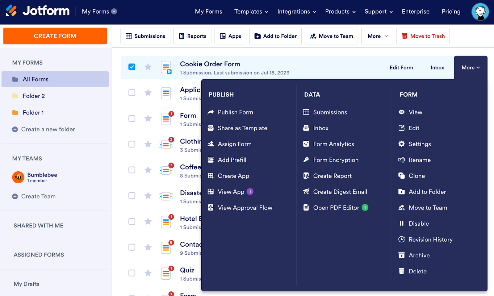 Clicking on the More button to view the dropdown menu in Jotform Form Builder