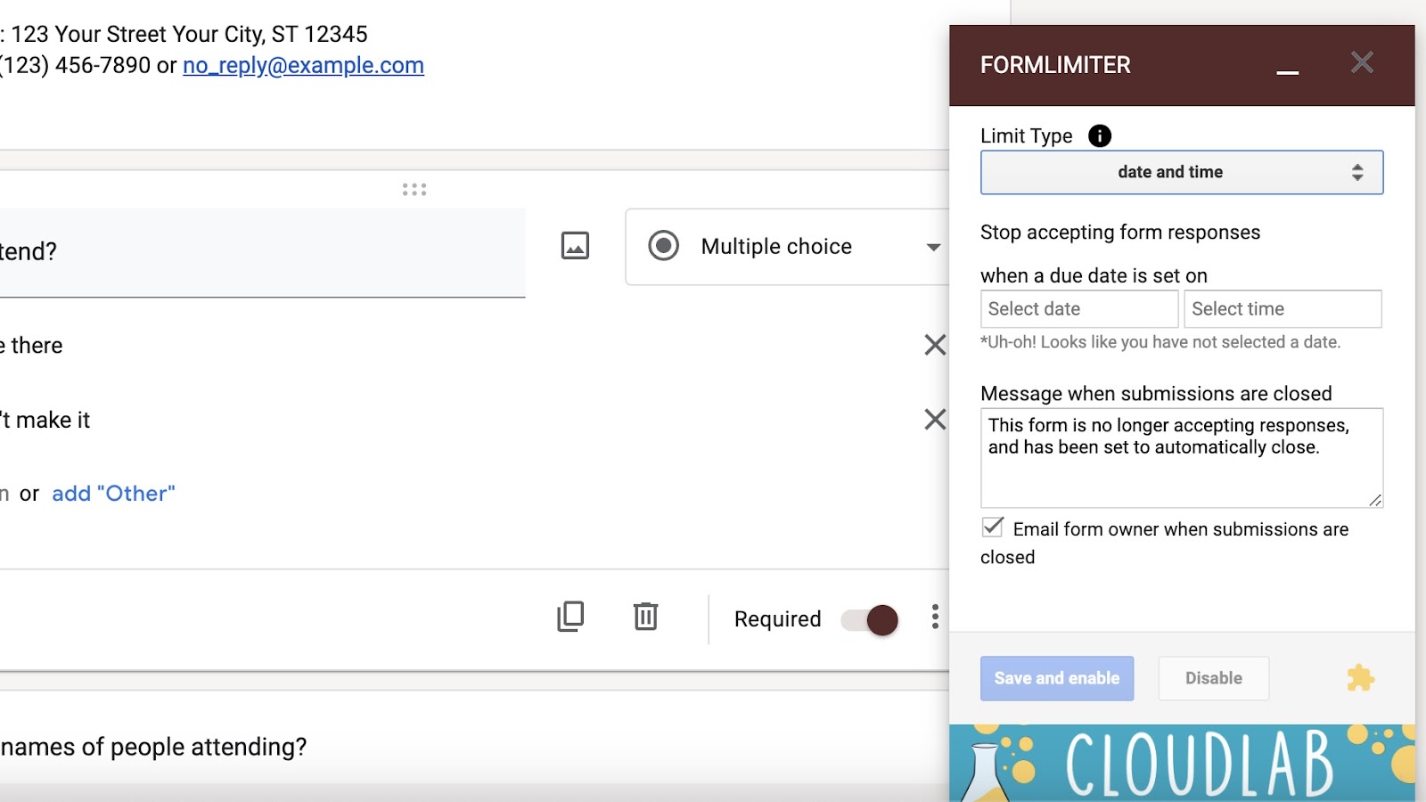 Filling out the cutoff date and message in the Formlimiter window