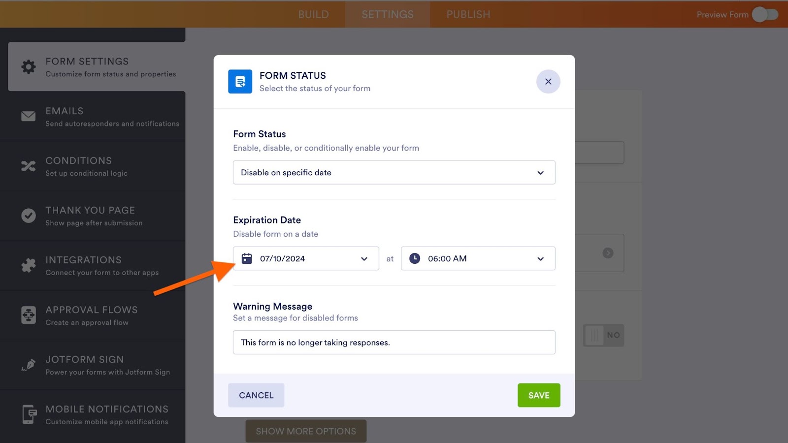 Setting up an expiration date using the calendar widget on Jotform Form Builder
