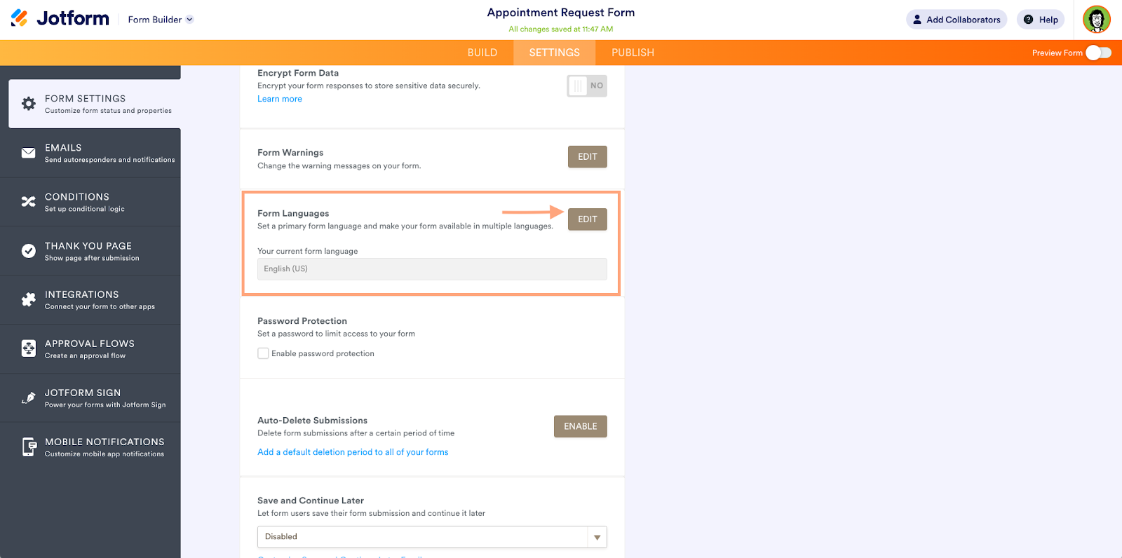Halaman Pengaturan Formulir di Jotform Form Builder Mengklik Edit pada Bagian Bahasa Formulir