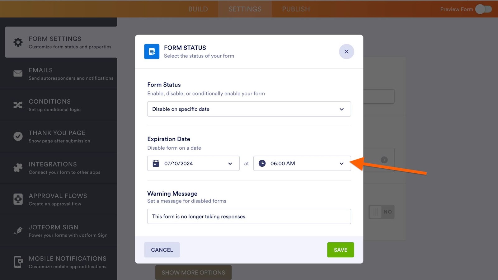 Setting an expiration time in the Jotform Form Builder