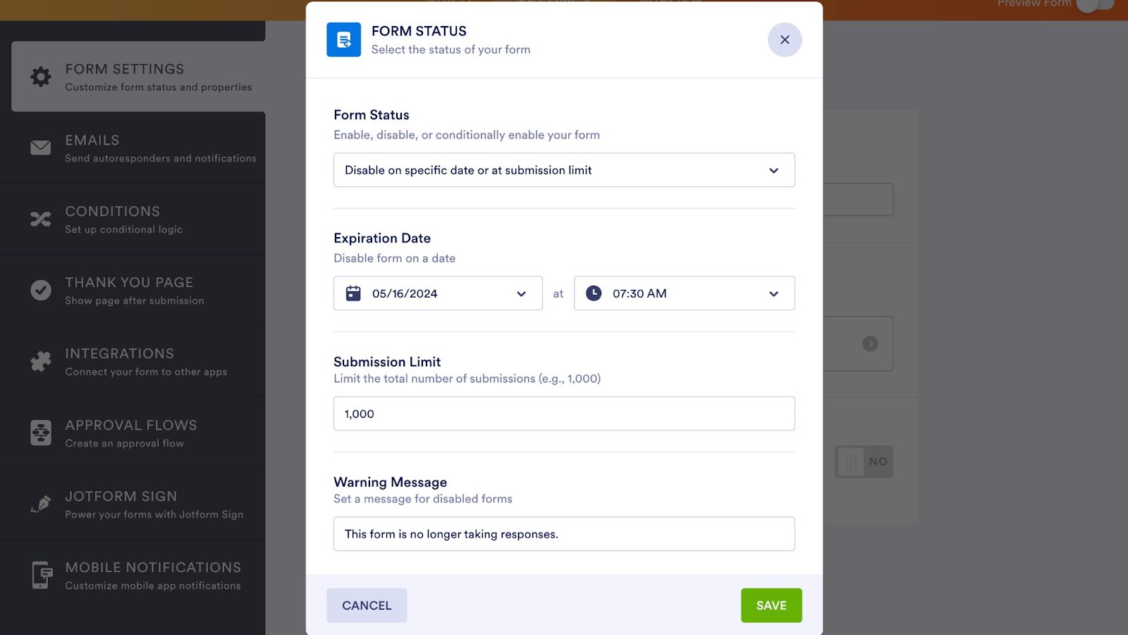 Setting an expiration date in the calendar widget in Jotform Form Builder