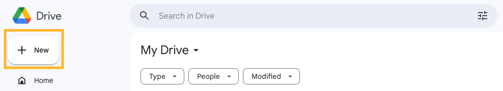 Bir arama çubuğu, "Yeni" butonu ve "Drive'ım" içindeki öğeler için sıralama seçenekleri ile gösterilmiş basit bir Google Drive arayüzü