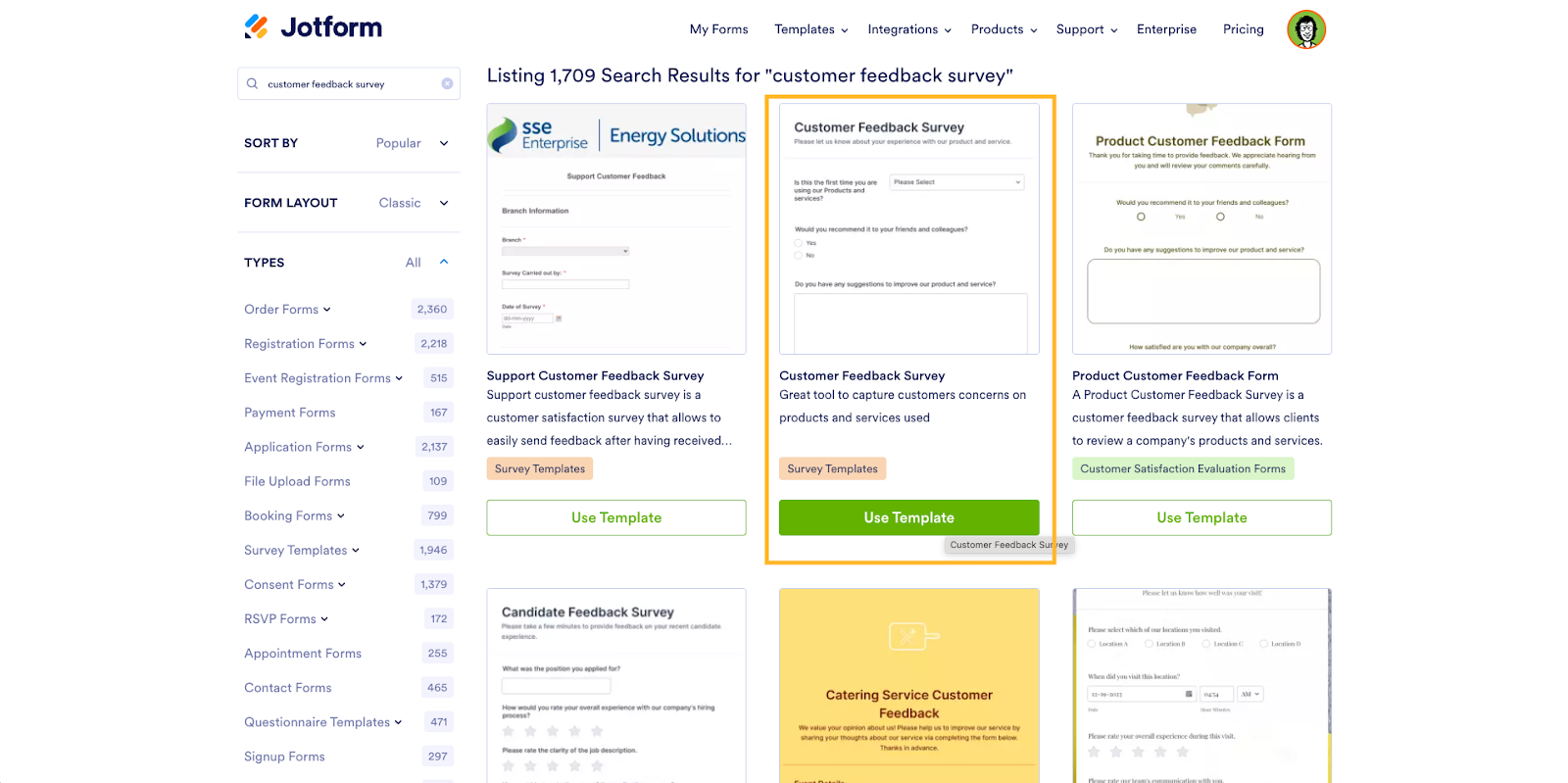 The image shows a Jotform template gallery page listing various customer feedback survey templates available for use