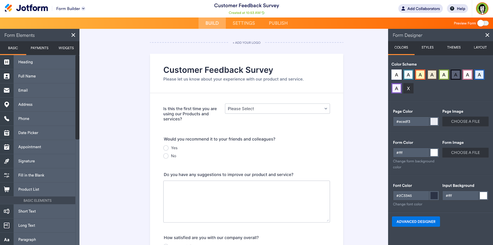 The image shows the interface of Jotform's Form Builder where a Customer Feedback Survey is being created