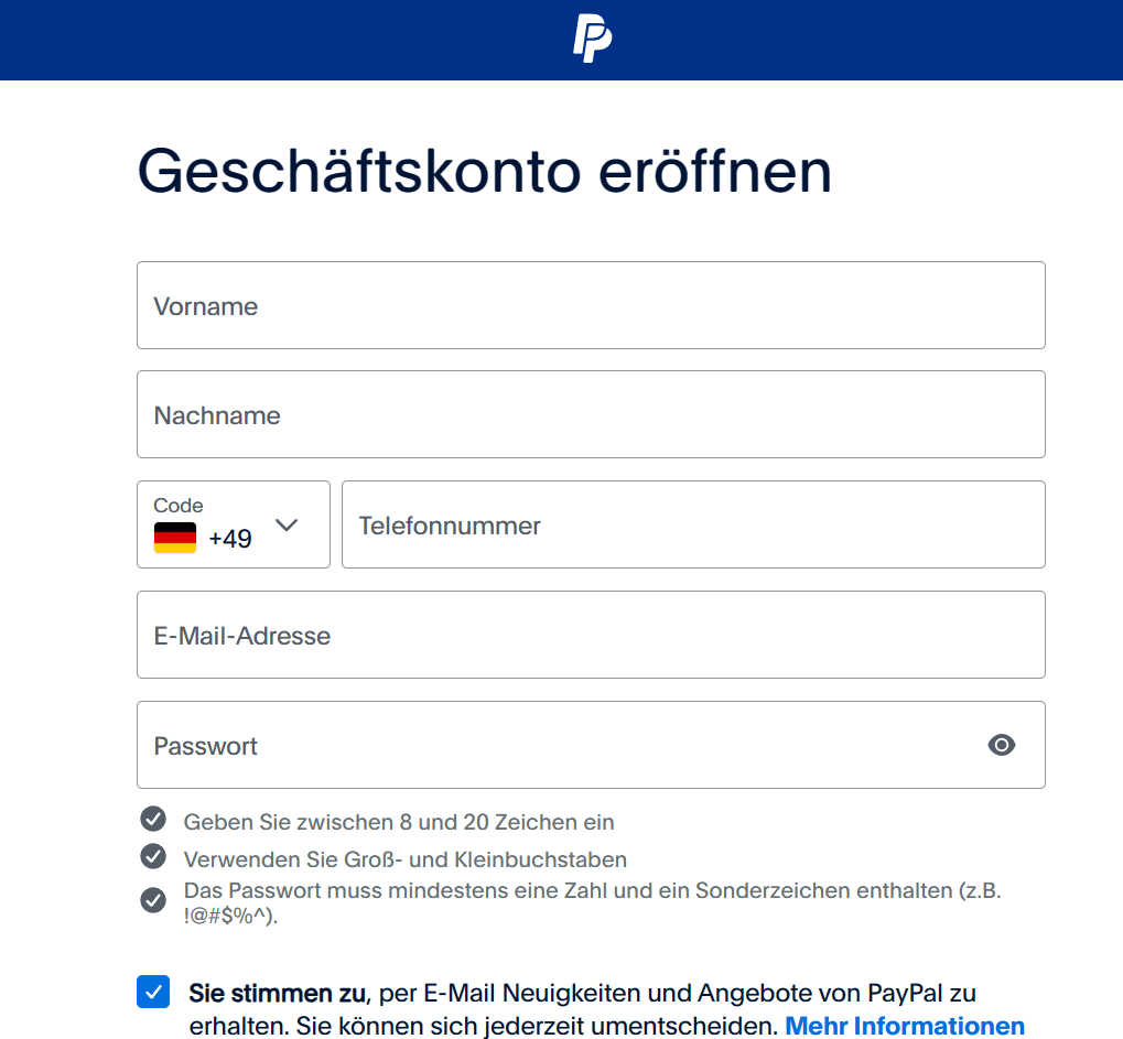 Eingabe der E-Mail-Adresse in den Bildschirm für die Anmeldung eines Geschäftskontos