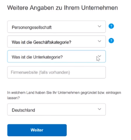 Beschreiben Sie Ihr Unternehmen" modal