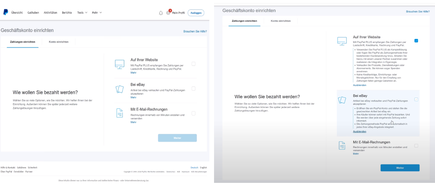 Willkommen bei Ihrem PayPal-Geschäftskonto" Bildschirm
