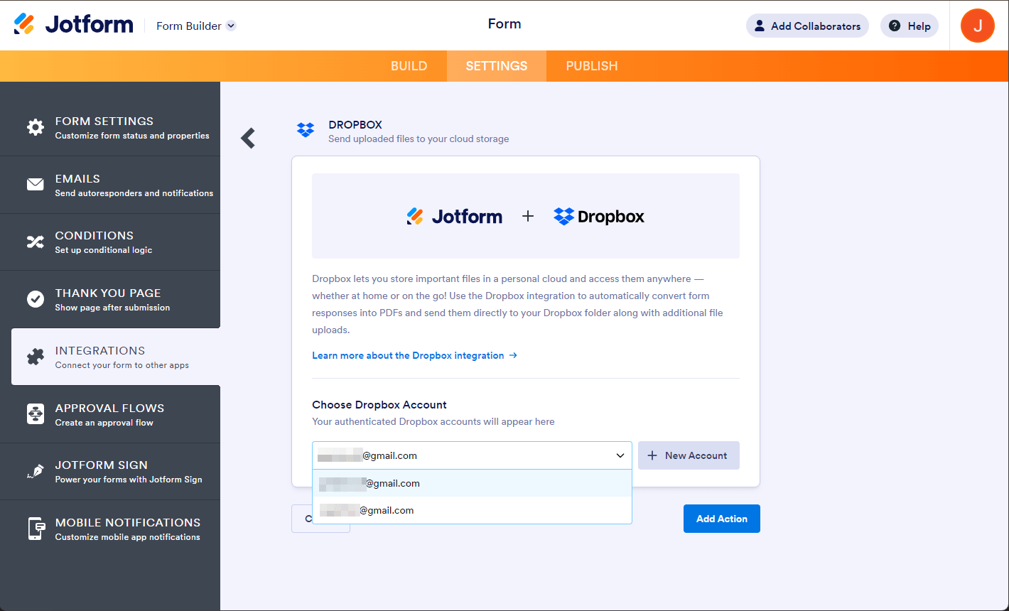 Desplegable de seleccionar cuenta y botón Añadir Acción en la configuración de integración de Jotform con Dropbox