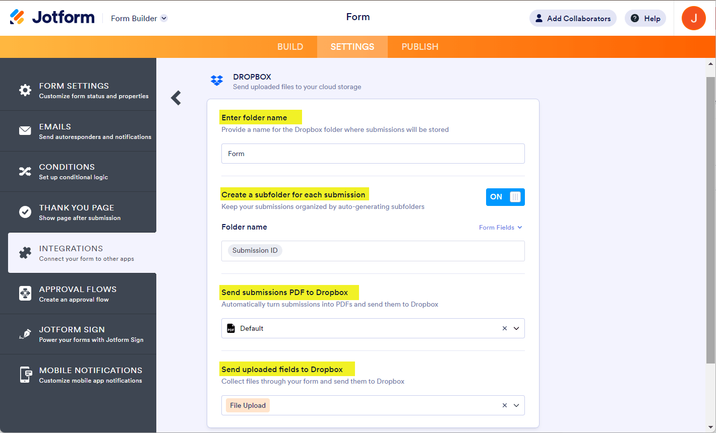 Configuración de integración de Dropbox con opciones de Carpeta, Subcarpeta, PDFs, Carga de Archivos