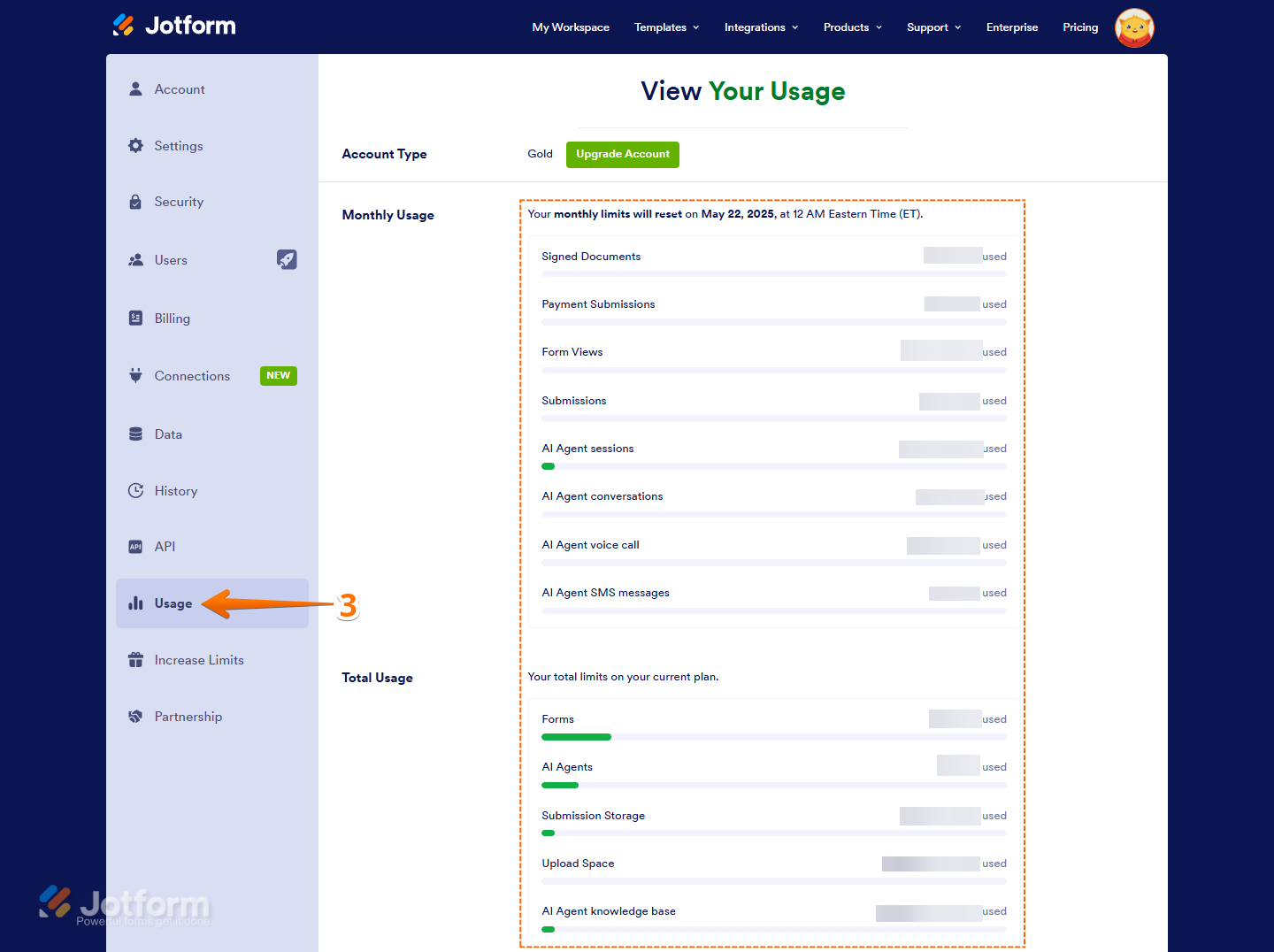 Navigating to the Usage tab in Jotform account settings
