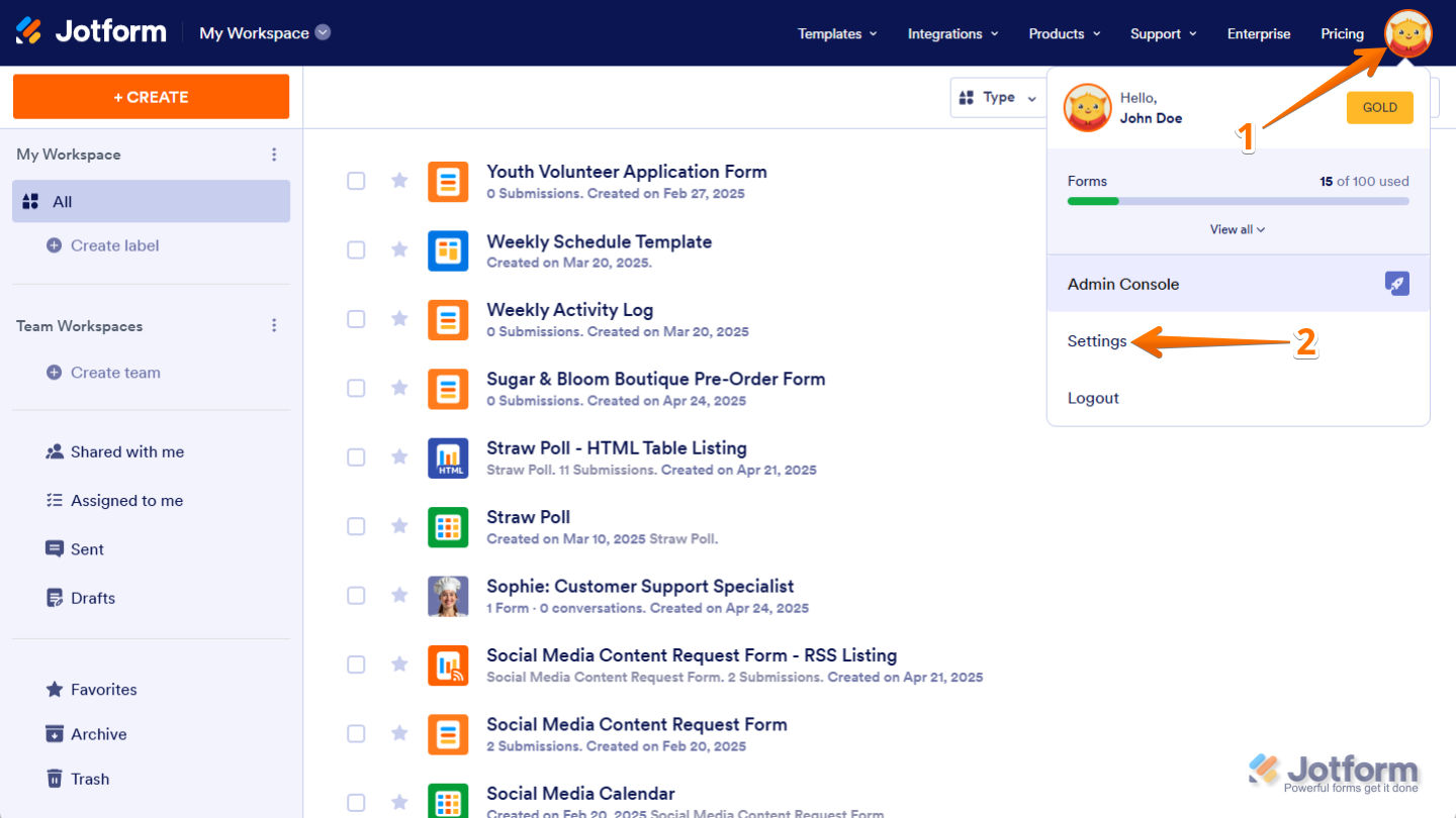 Accessing settings from profile menu on Jotform My Workspace page