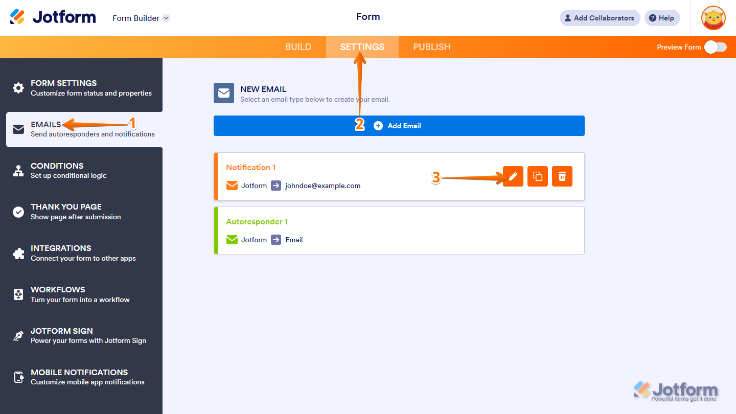 Form Builder Settings menu showing Emails option and email template edit icon for PDF submission attachments in Jotform