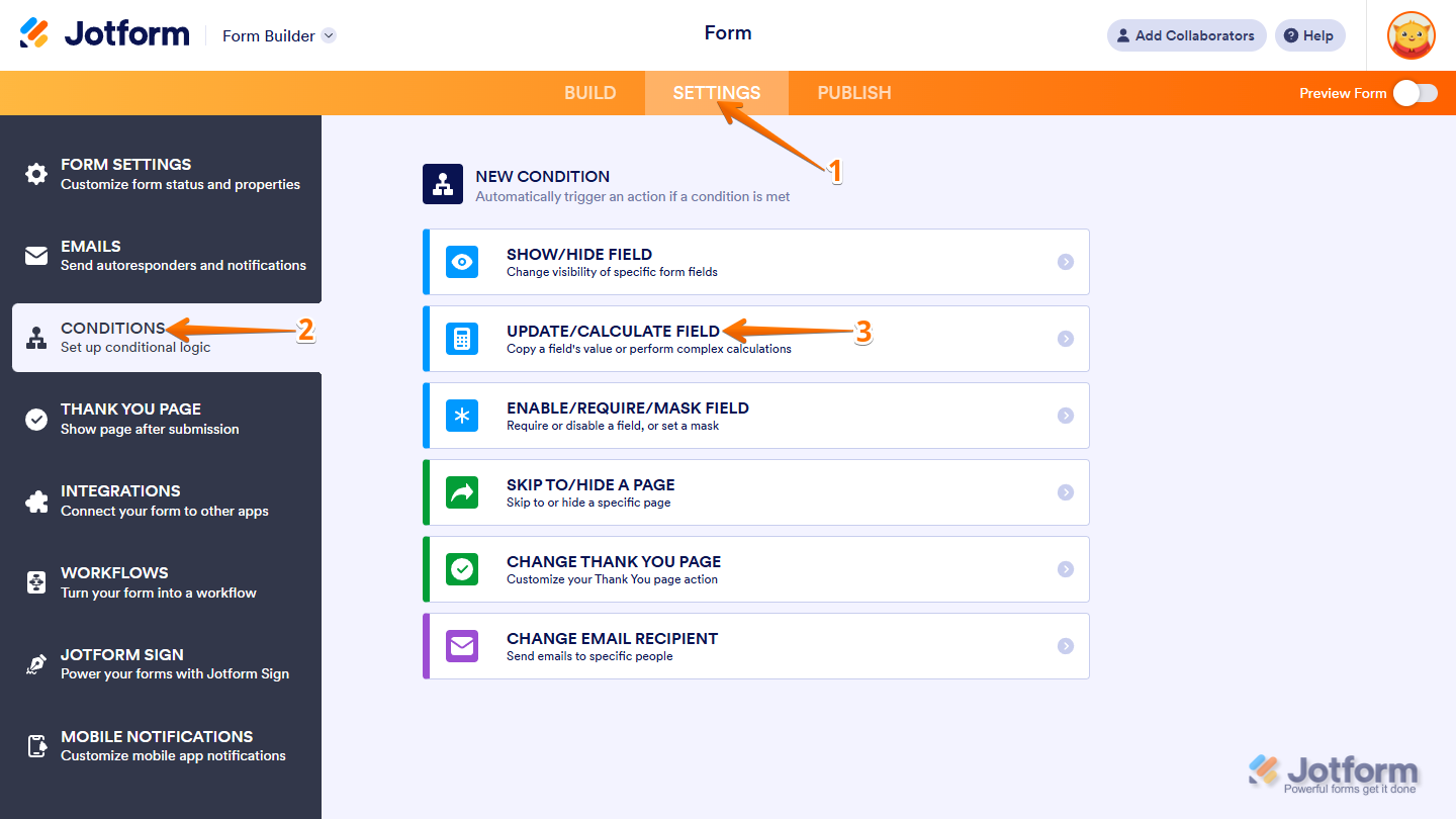 Menú de Configuración del creador de formularios mostrando la opción Condiciones y la selección Actualizar Calcular Campo en Jotform