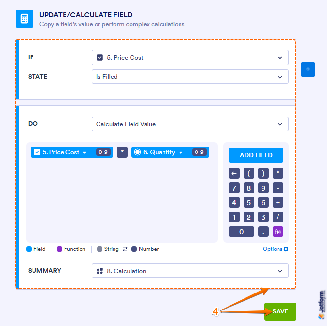 Configuración de Lógica Condicional mostrando las reglas de Actualizar Calcular Campo y el botón Guardar en Jotform