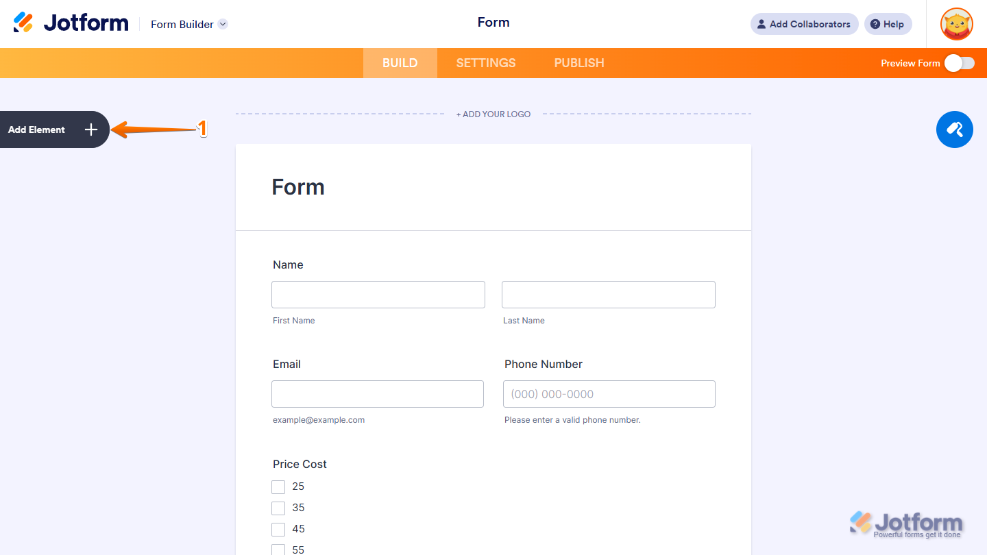 Creador de Formularios Agregar Elemento en Jotform