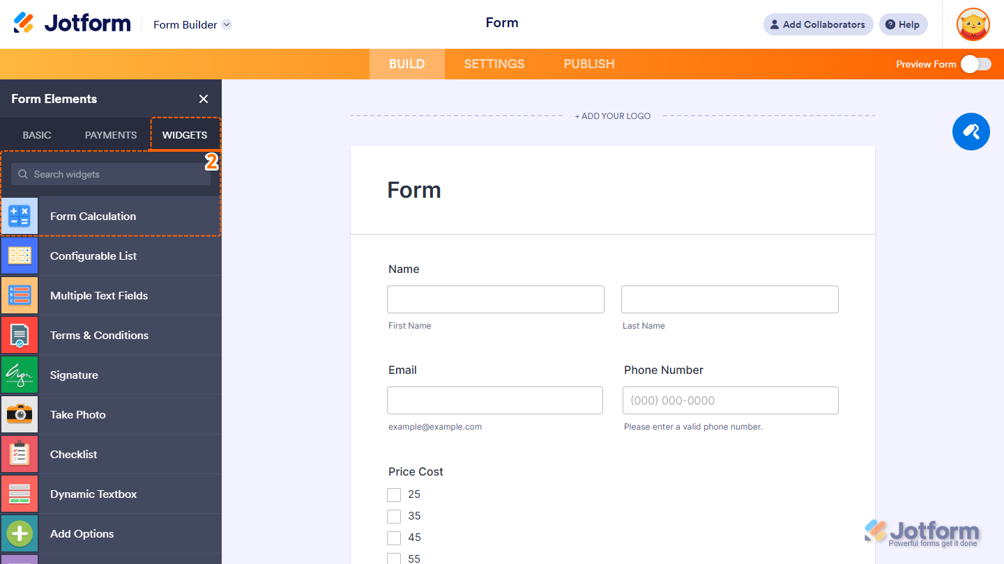 Pestaña de Widgets de Elementos de Formulario mostrando la selección del widget de Cálculo de Formulario en Jotform
