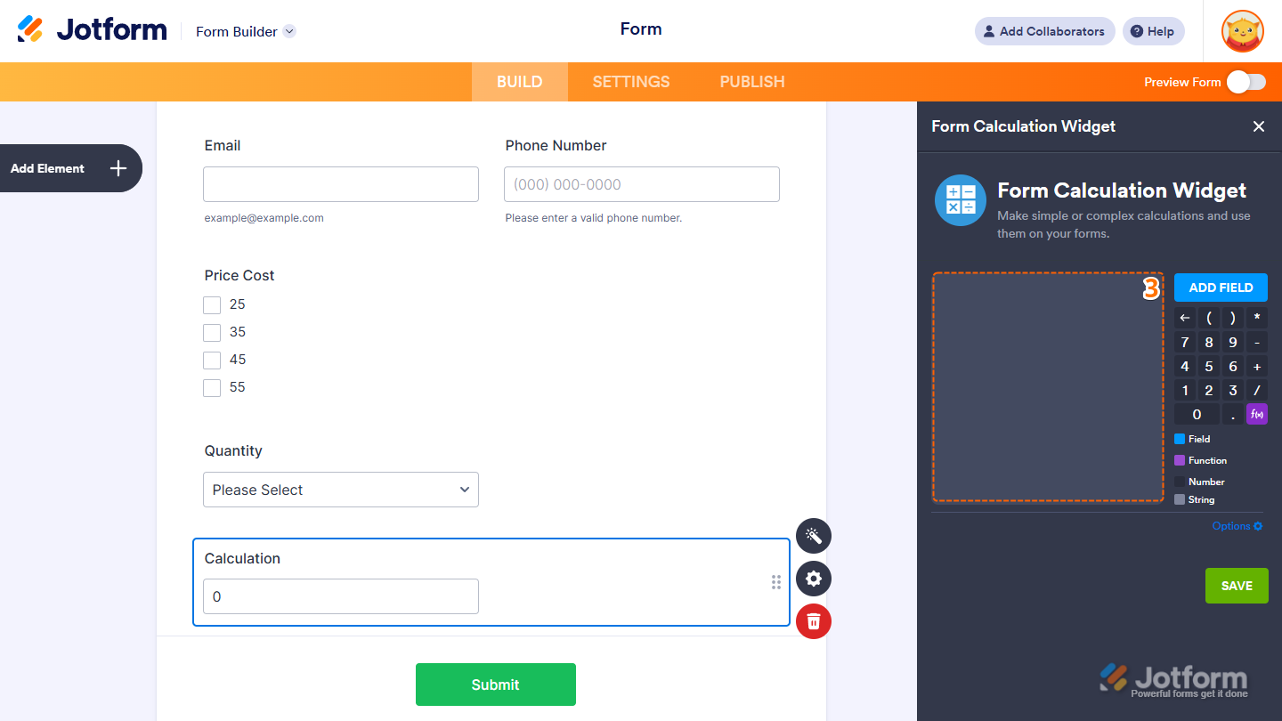 Configuración del widget de Cálculo de Formulario mostrando el editor de fórmulas con elementos seleccionables en Jotform