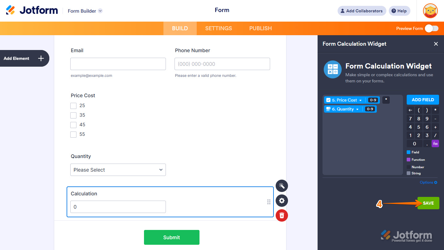 Configuración del widget de Cálculo de Formulario mostrando el botón Guardar después de la configuración de la fórmula en Jotform