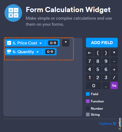 Editor de fórmulas del widget de Cálculo de Formulario mostrando Costo del Precio multiplicado por Cantidad en Jotform