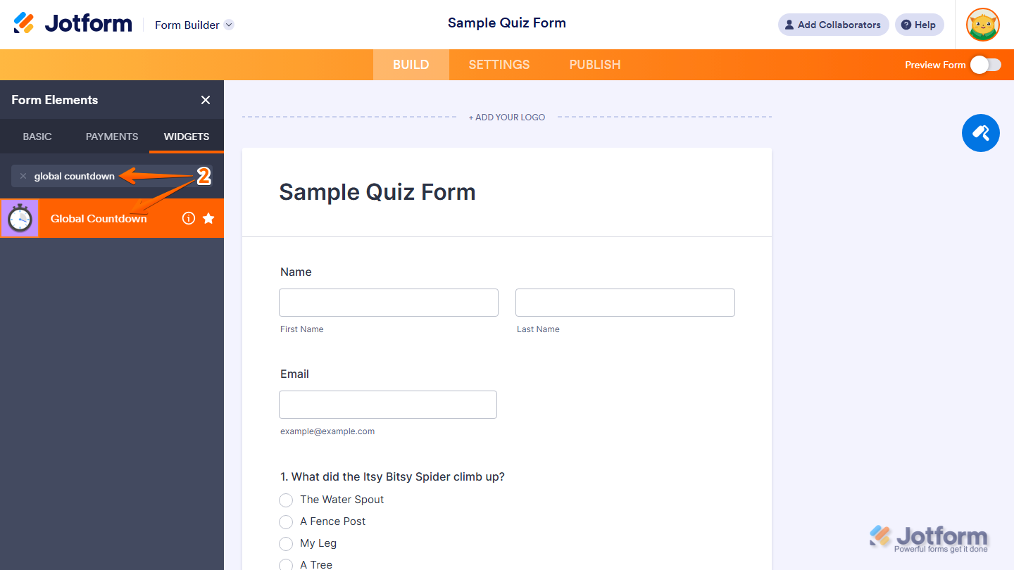 Global Countdown in the Widgets tab of the Form Elements menu in Jotform Form Builder