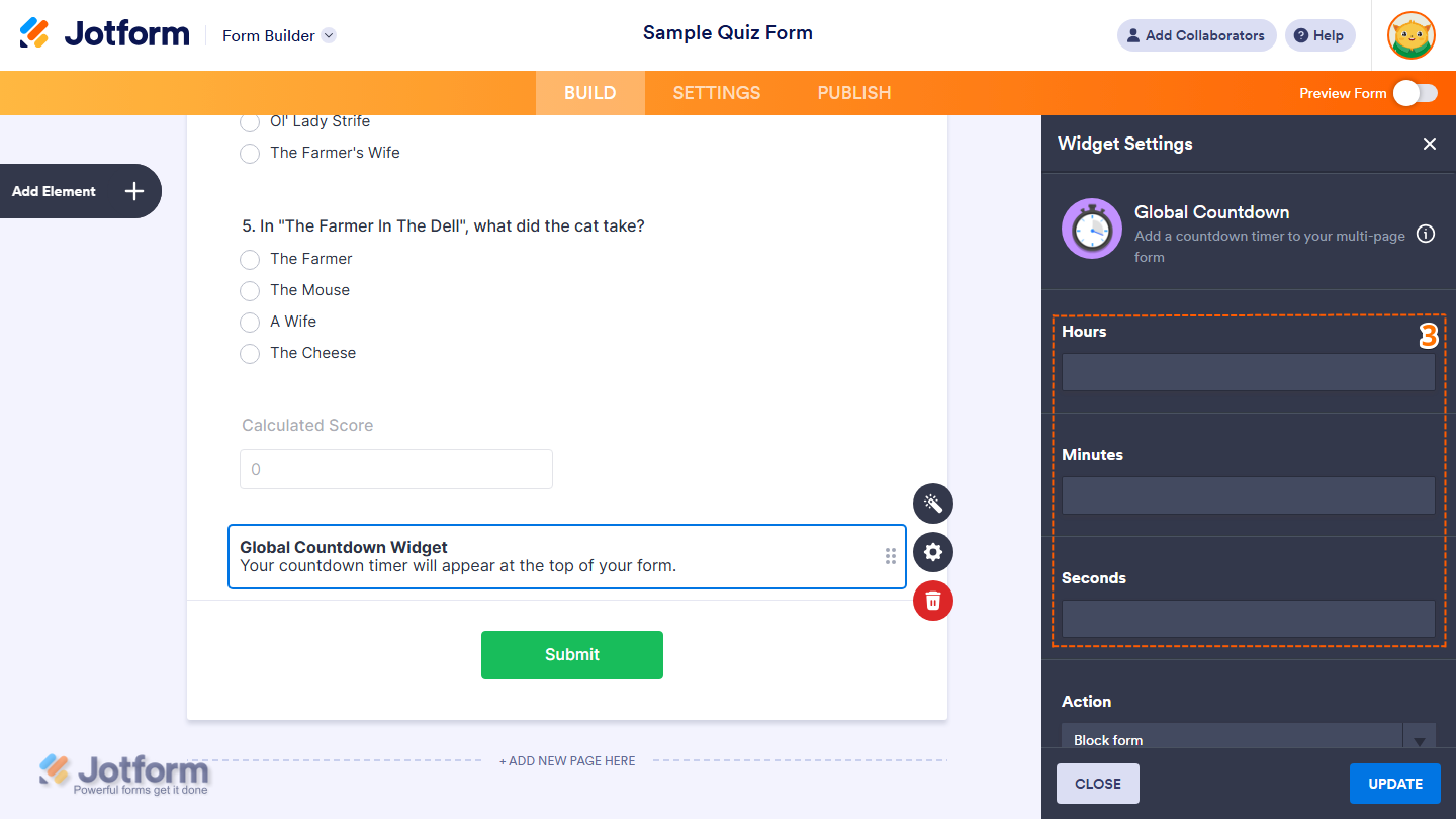Hours, Minutes, Seconds settings in the Global Countdown Widget Settings in Jotform Form Builder