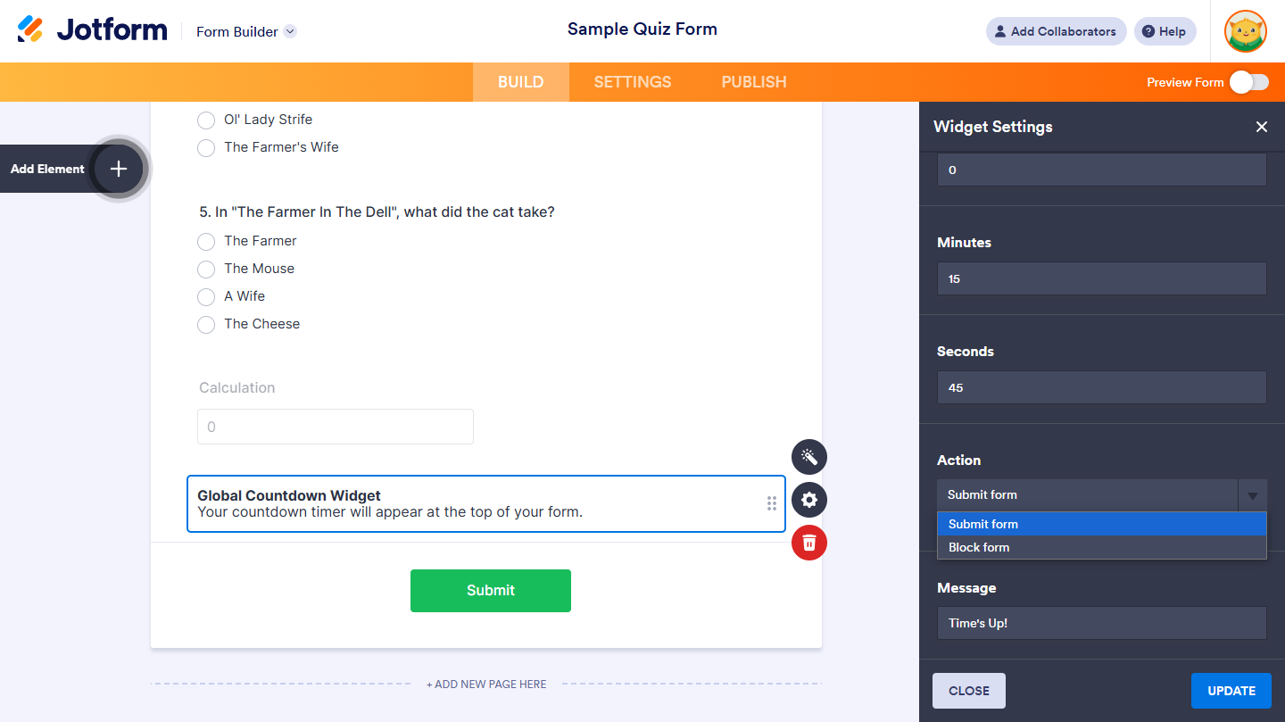 Action and Message settings in the Global Countdown Widget Settings in Jotform Form Builder
