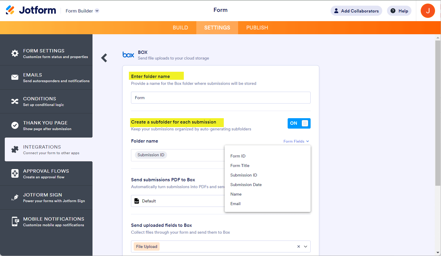 Opciones de carpetas y subcarpetas en los ajustes de integración de Jotform con Box