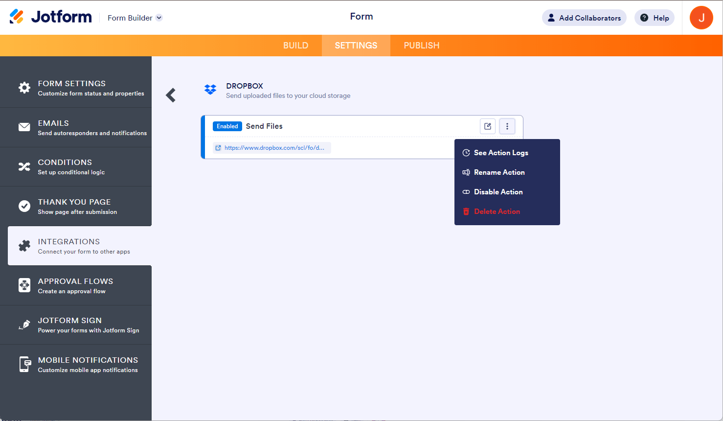 Action options in Dropbox integration settings