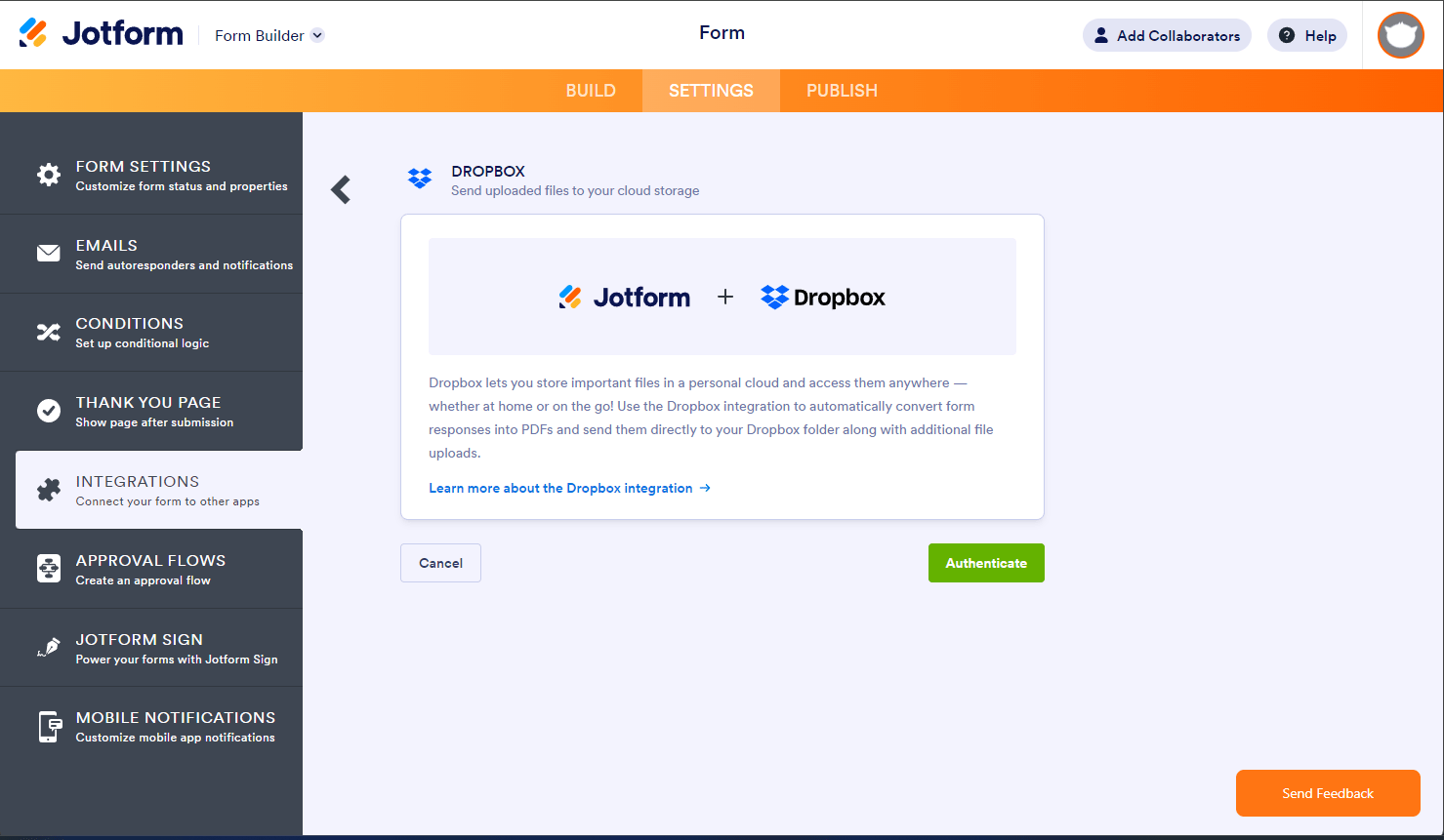 Authenticate button in Jotform's integration with Dropbox