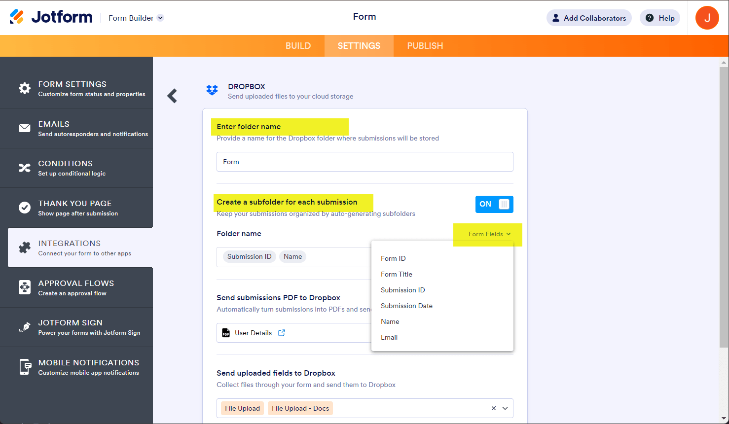 Main folder and subfolder in Dropbox integration settings