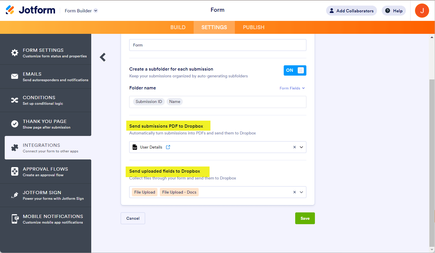 Submissions PDF and File Upload options in Dropbox integration settings