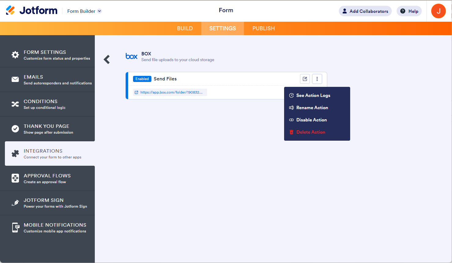Lista de acciones con enlace a la carpeta de Box y opciones de Editar con más en los ajustes de integración de Jotform con Box