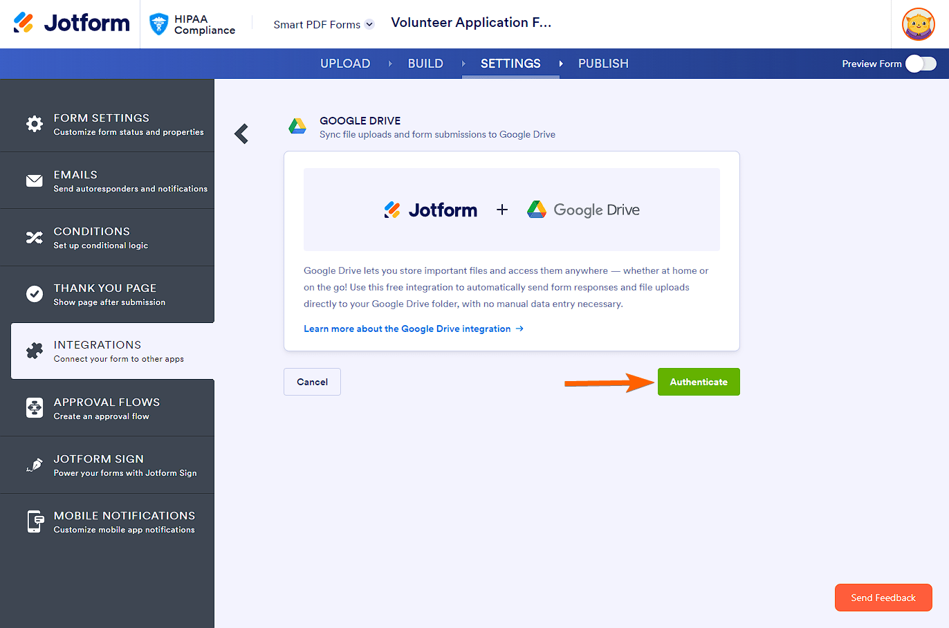 Authenticate button in Jotform's Google Drive integration 