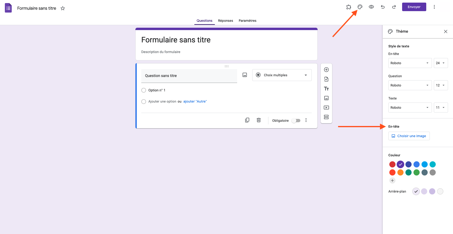 Une interface de création de formulaires en ligne avec un modèle de question à choix multiples et une barre latérale de personnalisation du thème ouverte