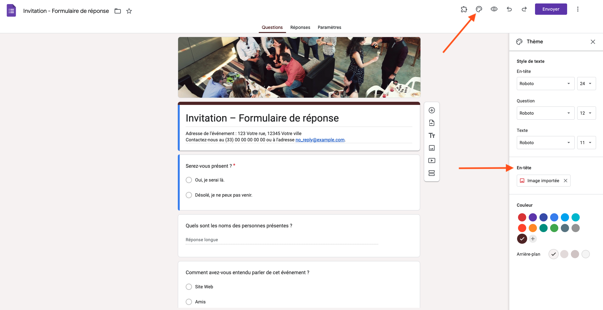 Capture d'écran d'un formulaire RSVP pour un événement avec des questions et une image d'en-tête représentant une réunion sociale, ainsi que des options de personnalisation du thème