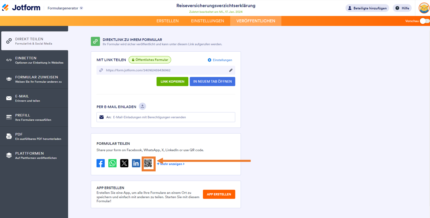 Jotform Formulargenerator Klicken Sie auf QR-Code herunterladen auf der Registerkarte Direkt Teilen