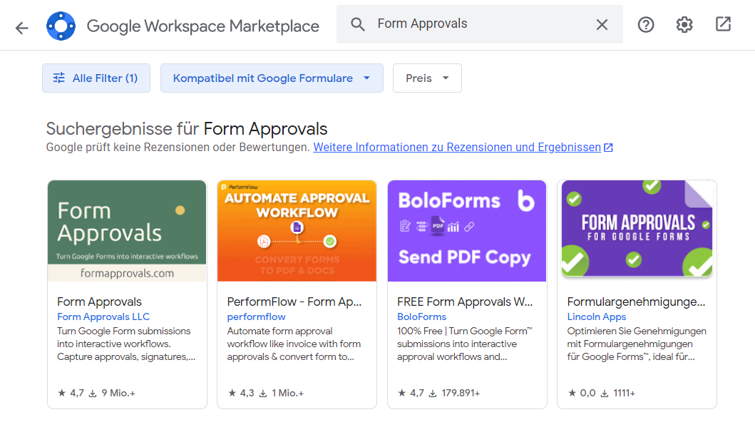 Ein Screenshot des Hauptmenüs für Google Formulare Add-Ons