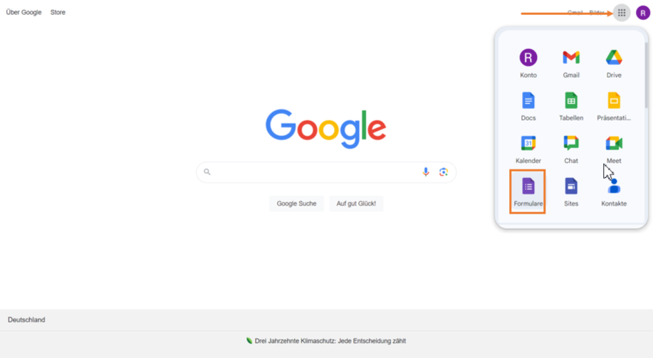 Auf das Google Formulare-Symbol auf der Google Homepage klicken