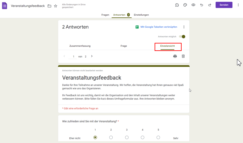 Auf die Registerkarte Einzelansicht unter Antworten klicken