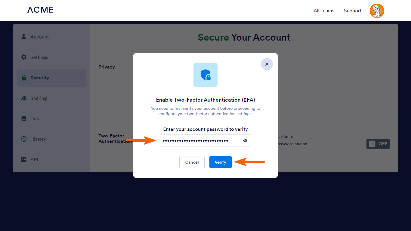 Der 2FA-Kontoverifikationsdialog in Jotform Enterprise