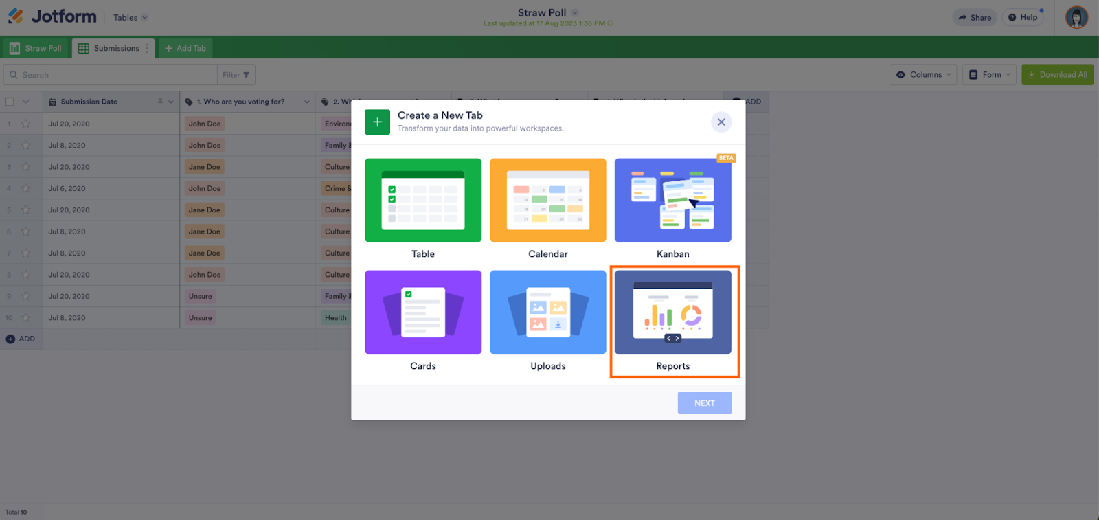 Clicking on Reports in the Create a New Tab Window