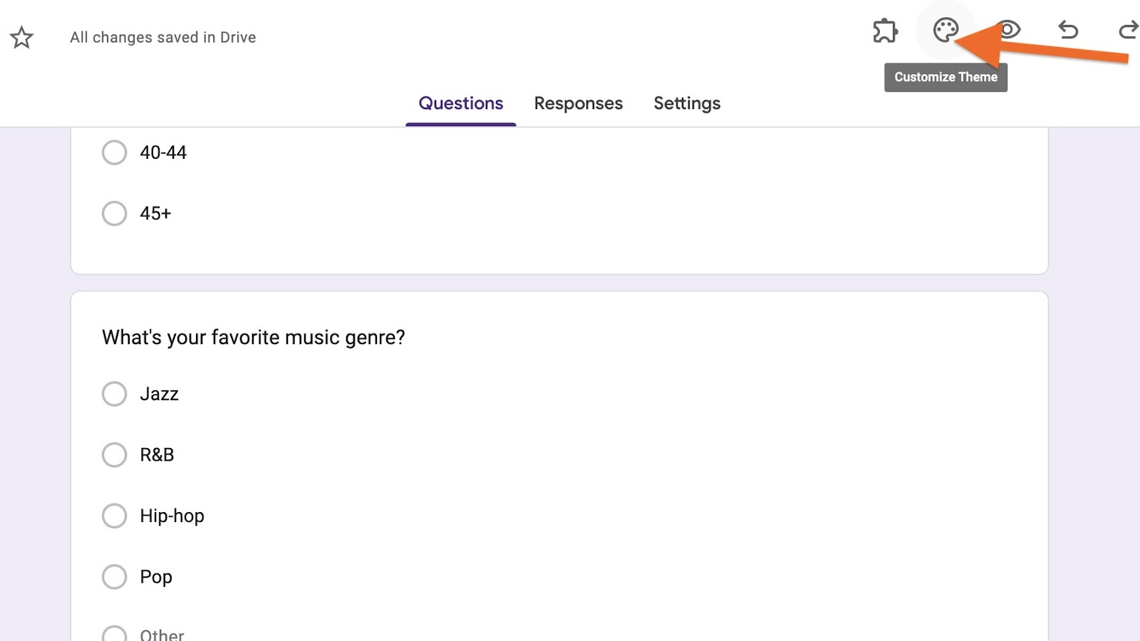 Online form editor showing age range and favorite music genre questions with theme customization options