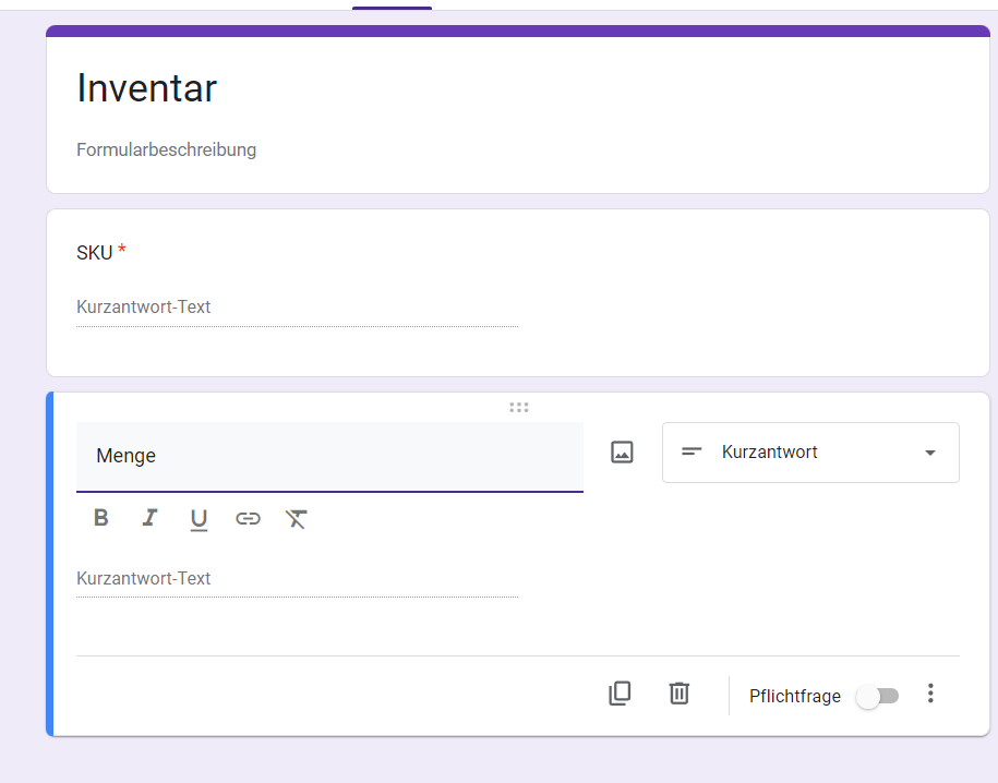 Screenshot eines Inventarformulars auf Google Formulare mit Fragen zu Produkt-SKU und Menge
