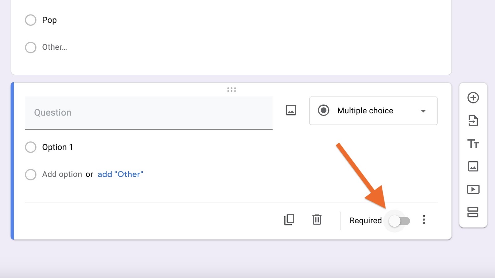 Online survey tool with a question editor highlighting the option to make a question required