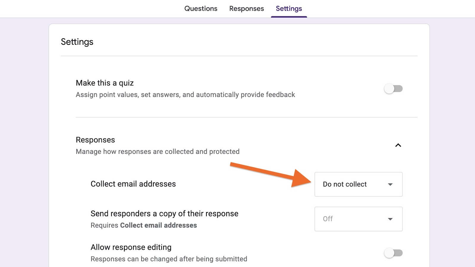 Form settings menu showing options for quiz mode, response collection, and email address collection with settings toggles