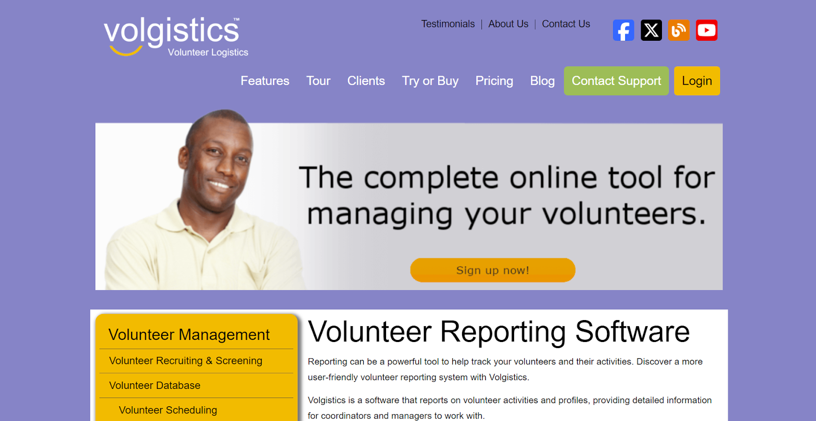 landing page of volgistics