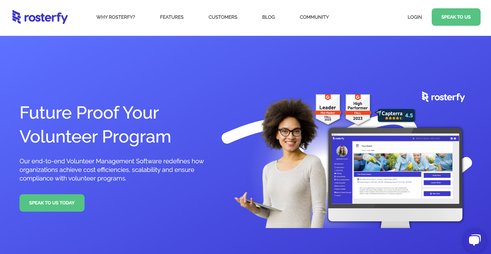 landing page of rosterfy