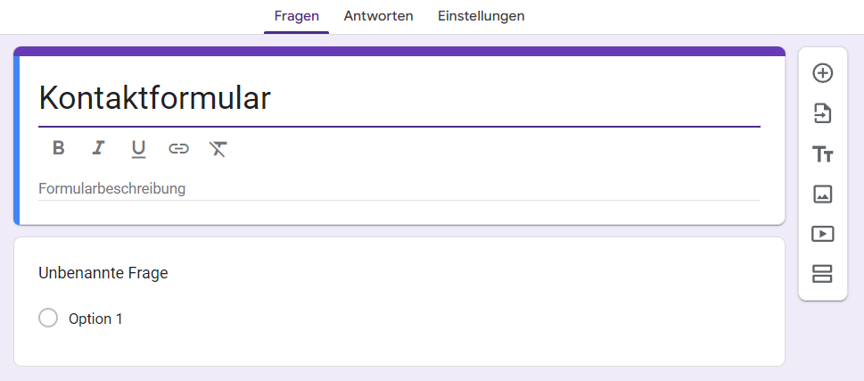 Screenshot eines Google-Formulars mit dem Titel "Kontakt-Formular" und einer leeren Formularfrage mit dem Titel "Unbenannte Frage"