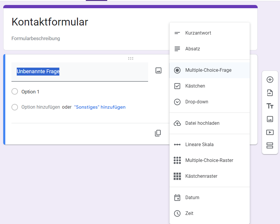 Screenshot eines Google-Formulars, bei dem das Dropdown-Menü für die Frageoptionen auf der rechten Seite geöffnet ist